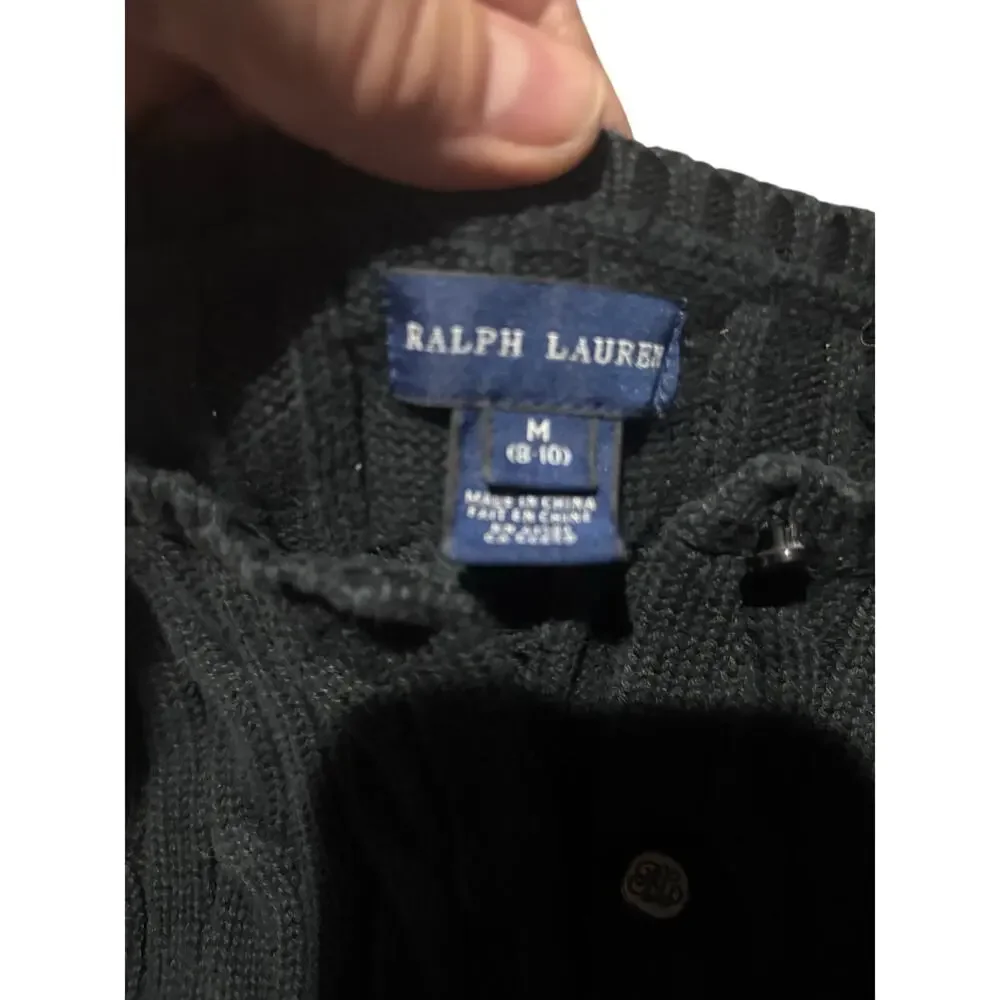 Ralph Lauren black M 8-10 cable knit cardigan euc sweater red horse